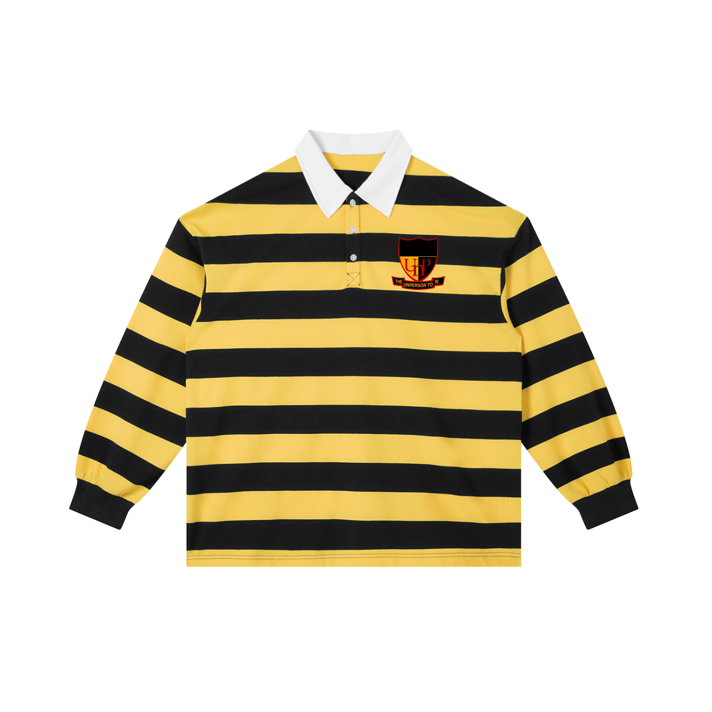Yellow and black striped rugby shirt with a logo on a white background