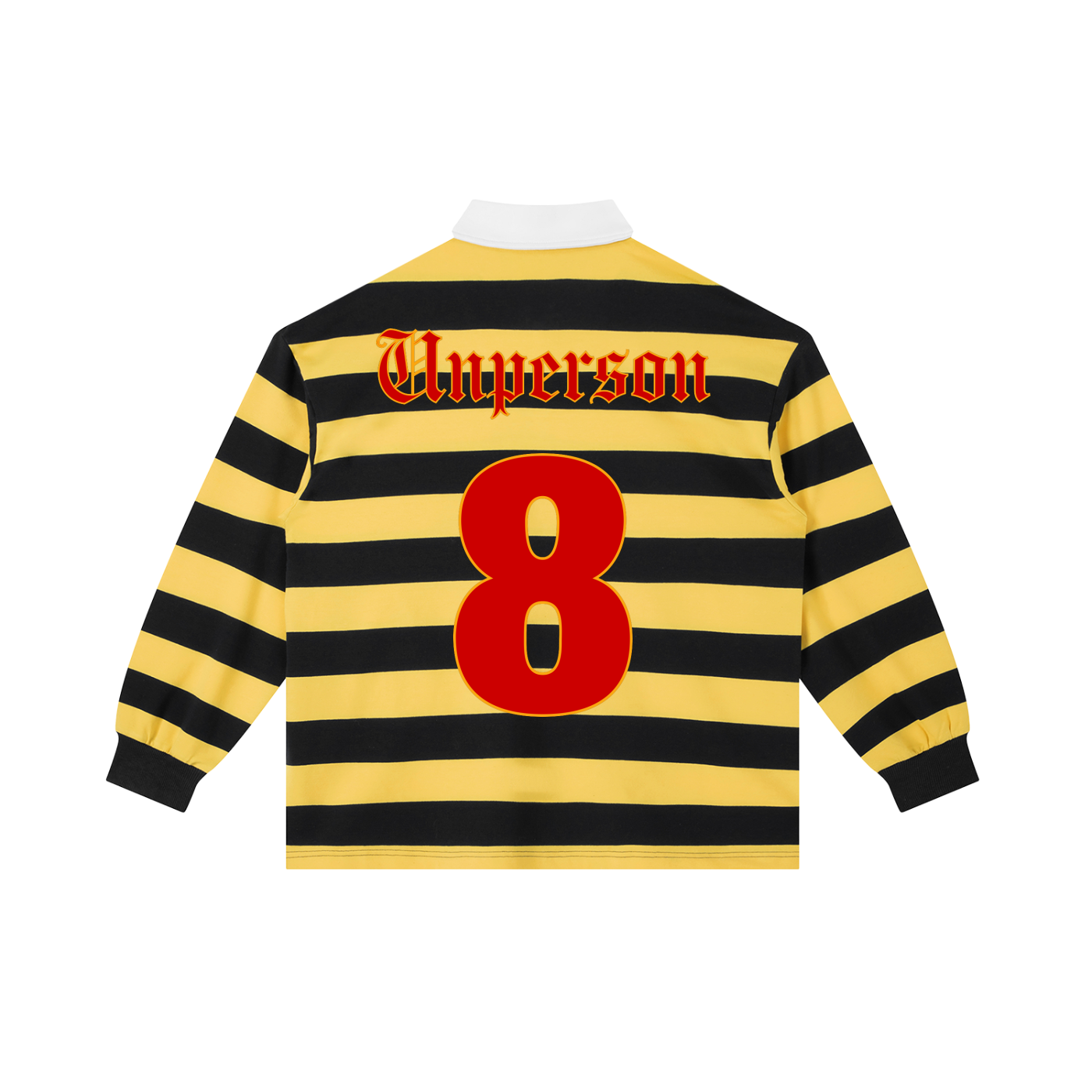 back of view of Yellow and black striped rugby jersey with red number 8 and 'Unperson' text 